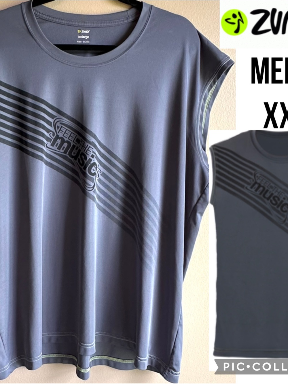 ZUMBA Wear Men's Tank Top Gray Sleeveless Muscle Shirt “Feel The Music” UPF XXL